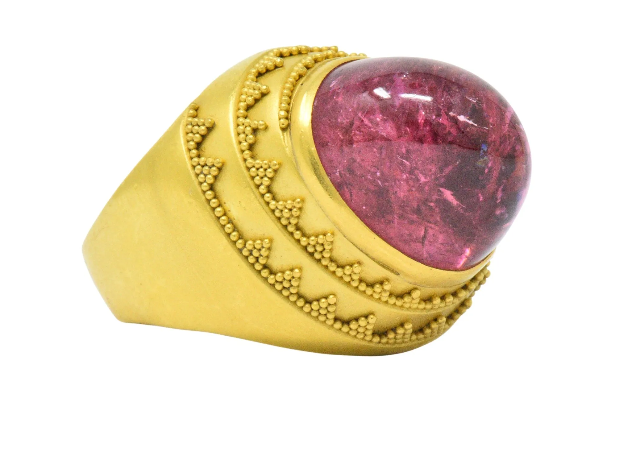 1980's Oval Cabochon Pink Tourmaline 22 Karat Gold Ring