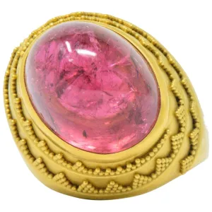 1980's Oval Cabochon Pink Tourmaline 22 Karat Gold Ring
