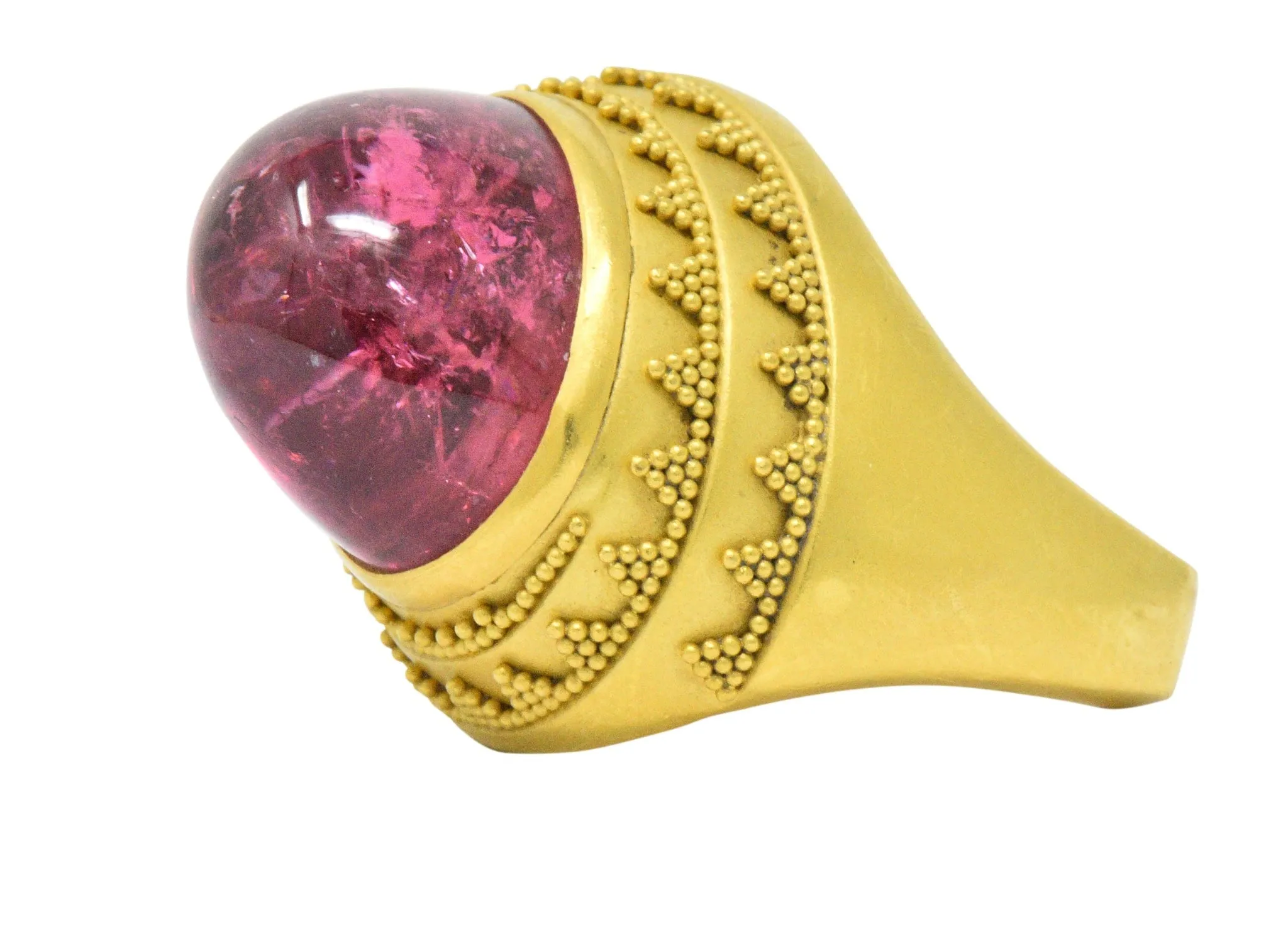 1980's Oval Cabochon Pink Tourmaline 22 Karat Gold Ring