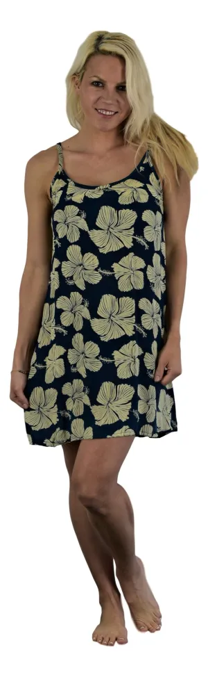 Bali Short Dress - Hibiscus - Crème / Background - Dark Blue