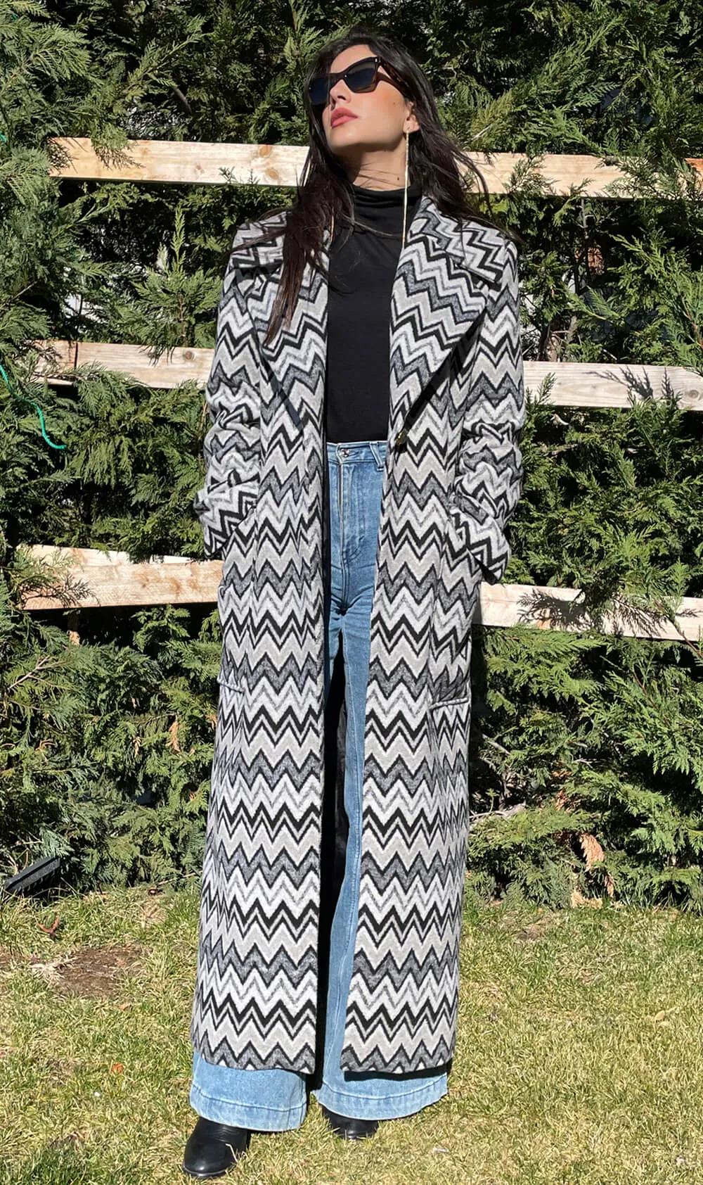 Black and White Maxi Length Wool Coat