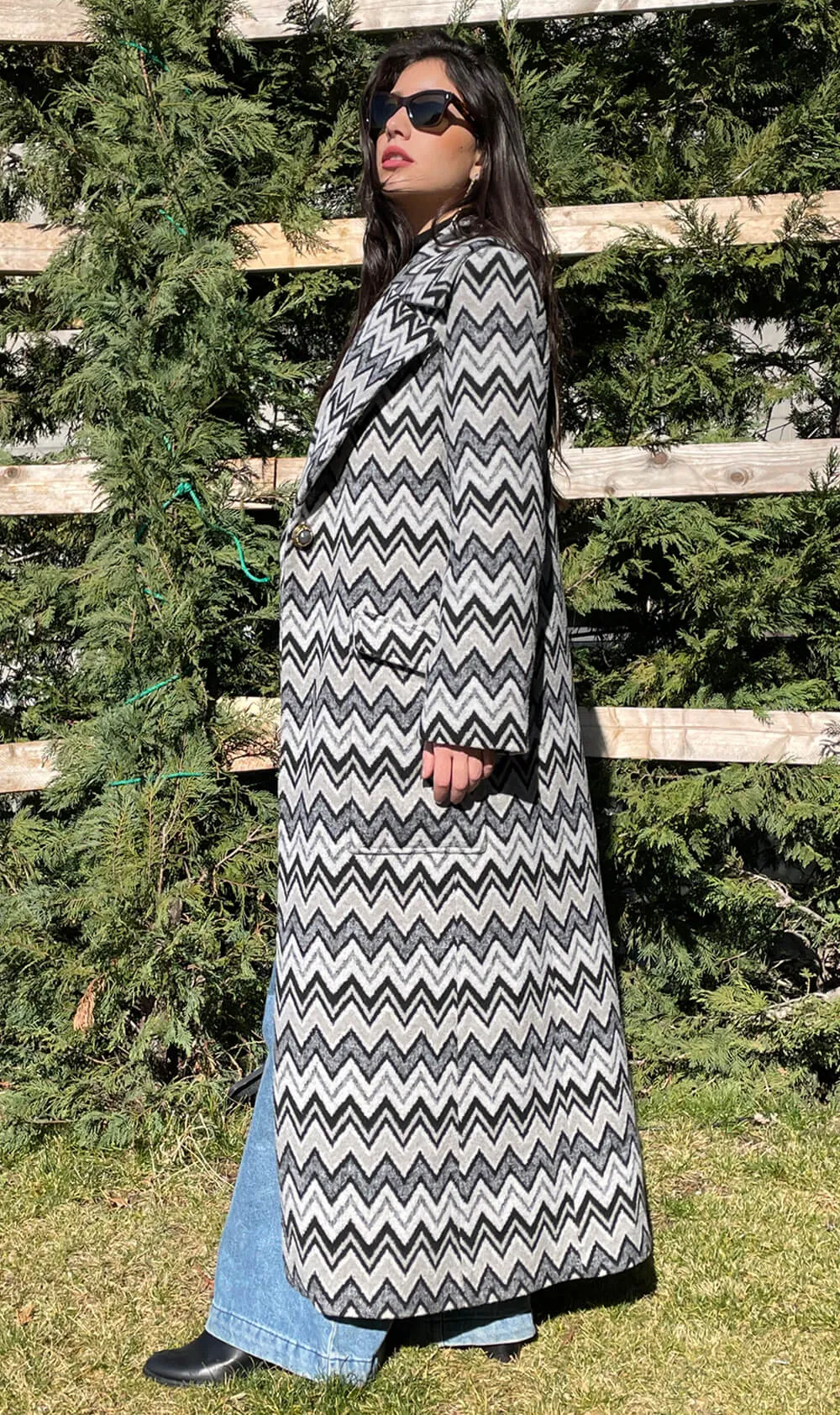 Black and White Maxi Length Wool Coat