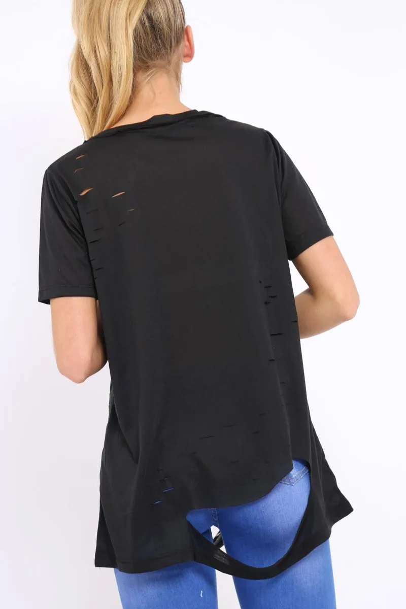 Black Applique Slashed Over Sized T-Shirt - Louella