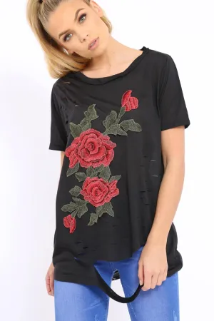 Black Applique Slashed Over Sized T-Shirt - Louella