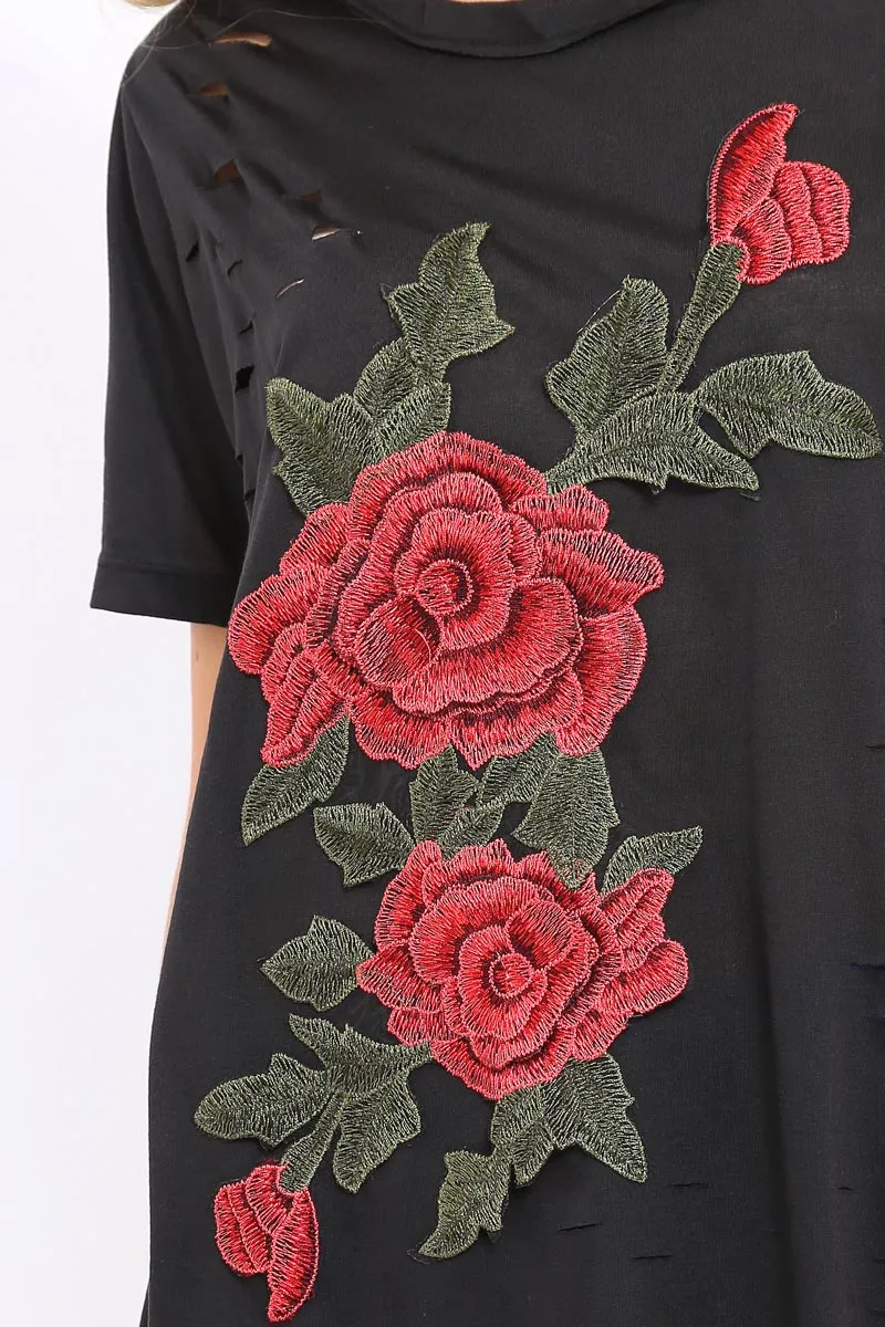 Black Applique Slashed Over Sized T-Shirt - Louella