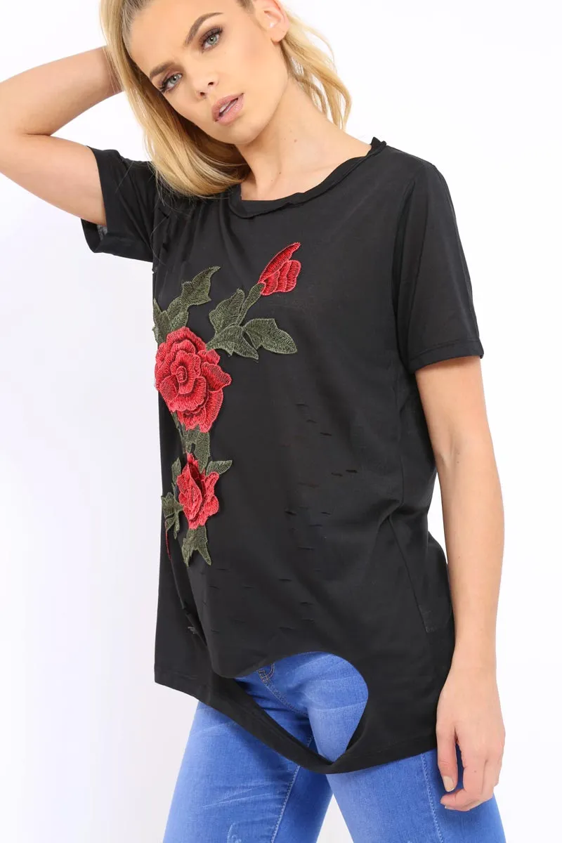 Black Applique Slashed Over Sized T-Shirt - Louella