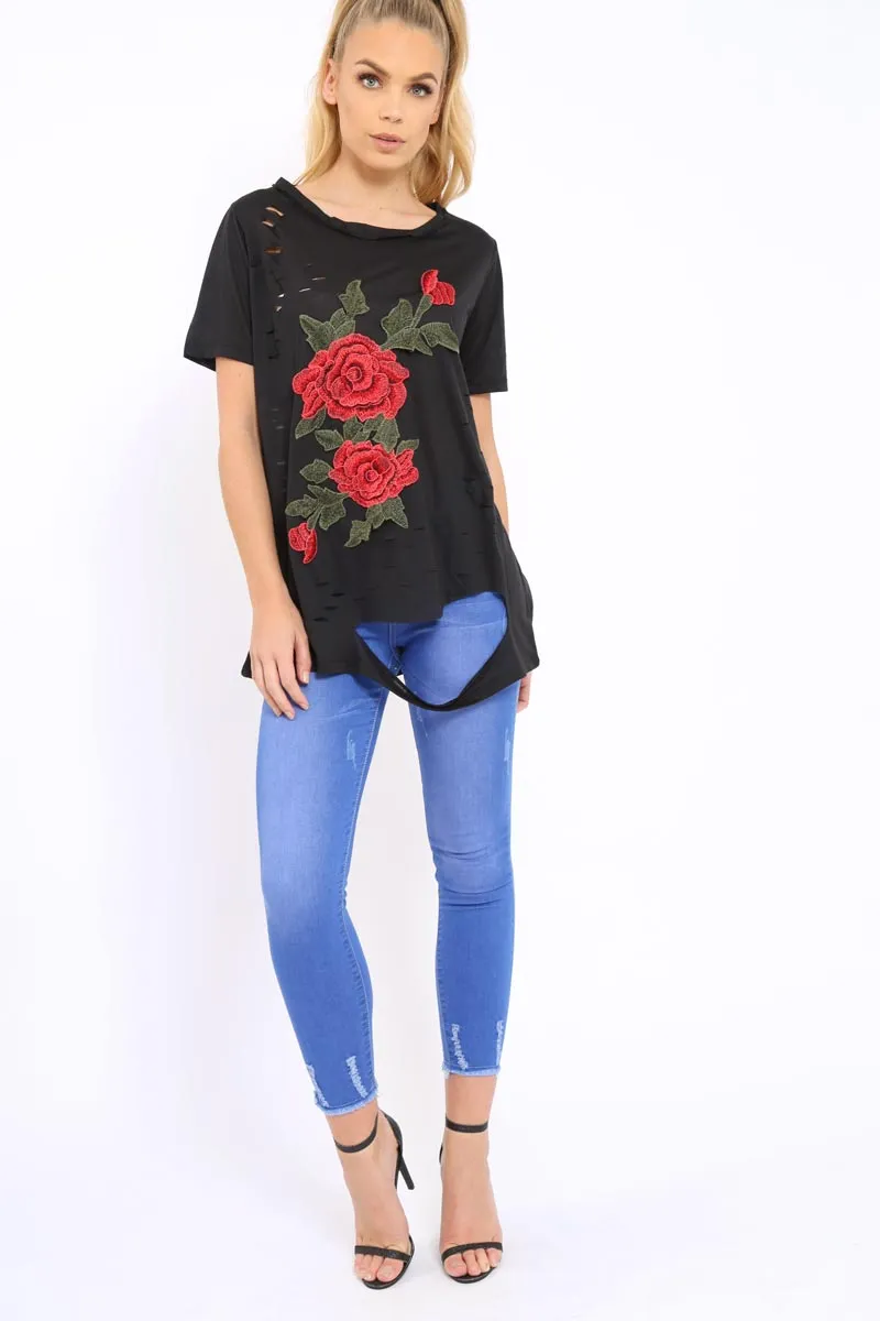 Black Applique Slashed Over Sized T-Shirt - Louella
