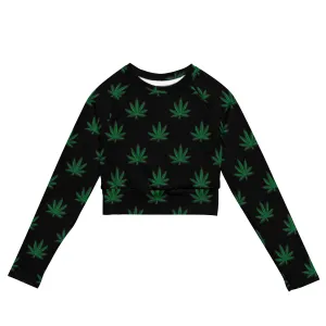 Black Cannabis Leaf Recycled Long-Sleeve Crop Top