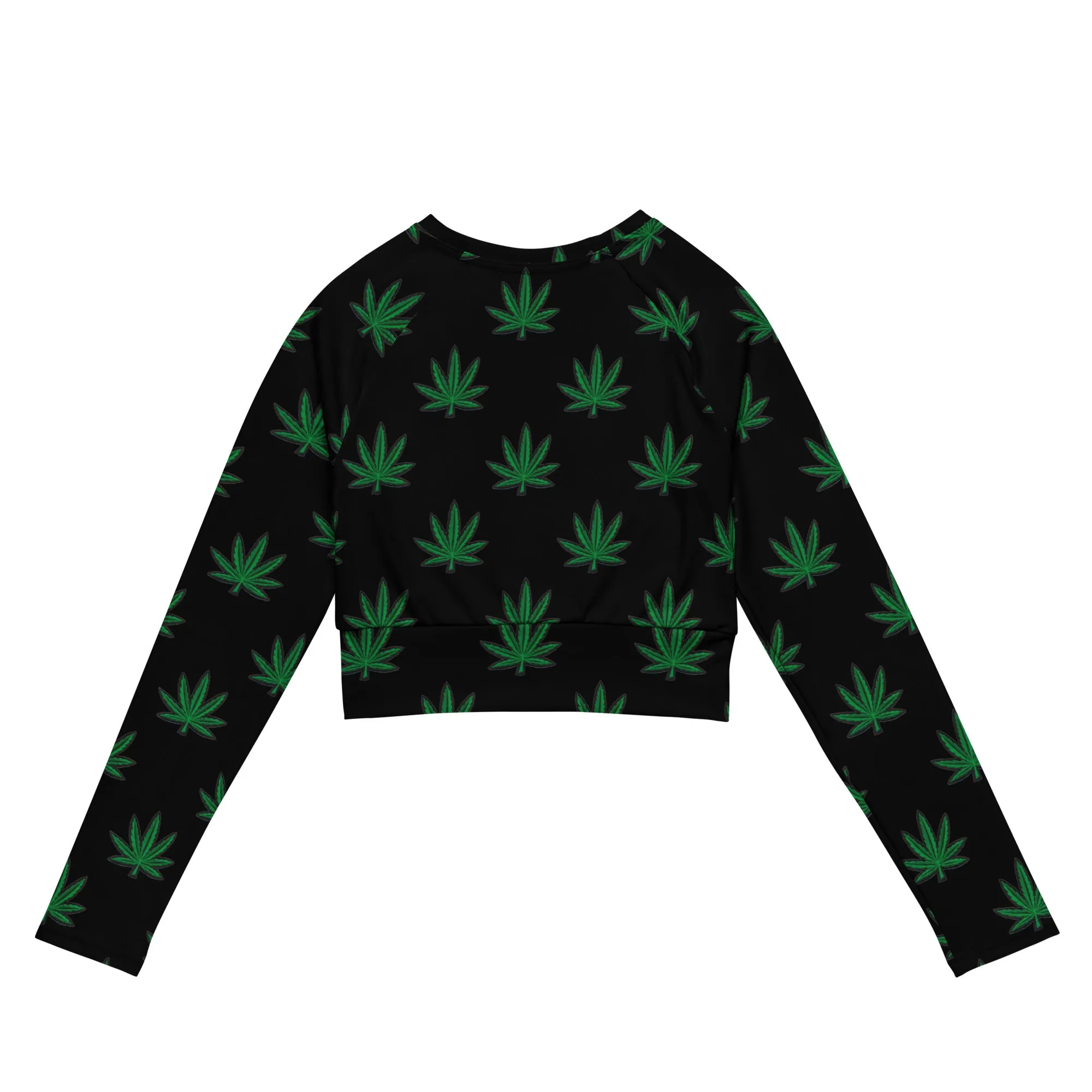 Black Cannabis Leaf Recycled Long-Sleeve Crop Top