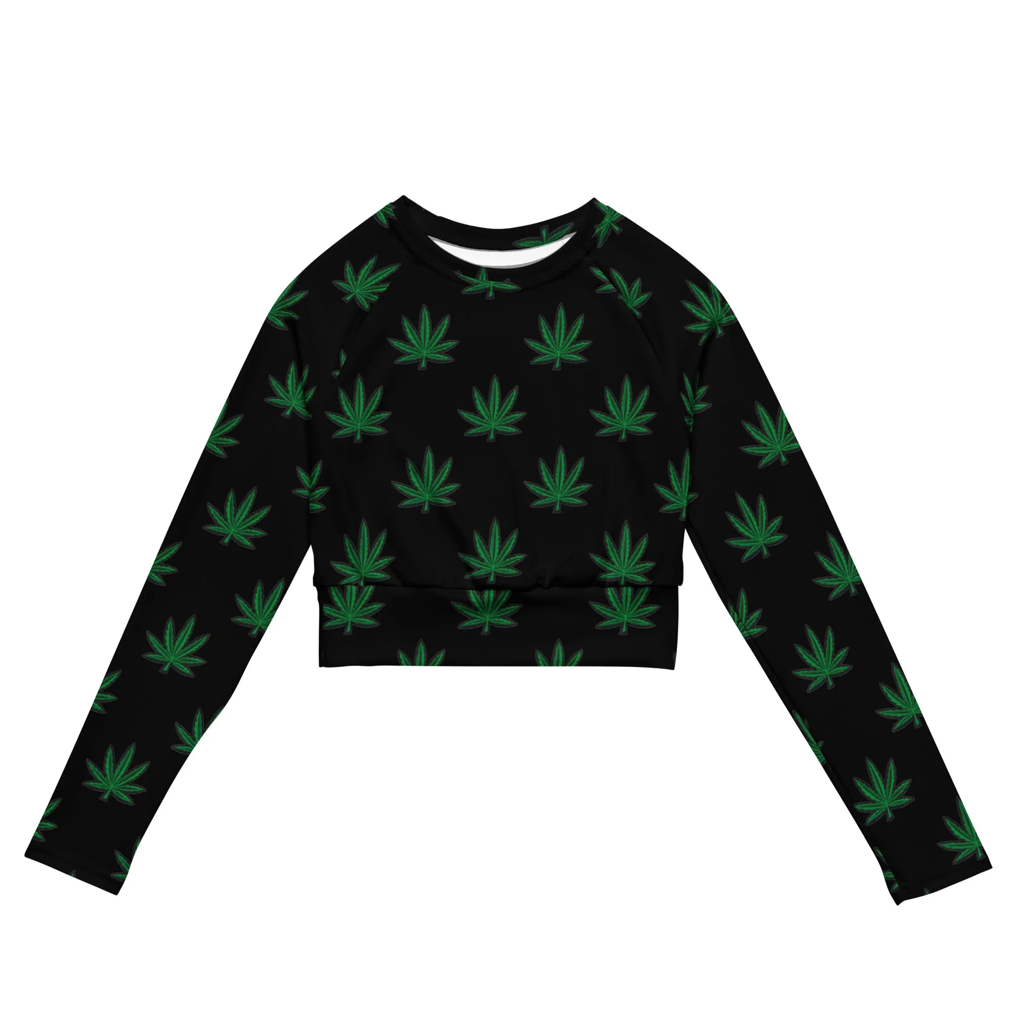 Black Cannabis Leaf Recycled Long-Sleeve Crop Top