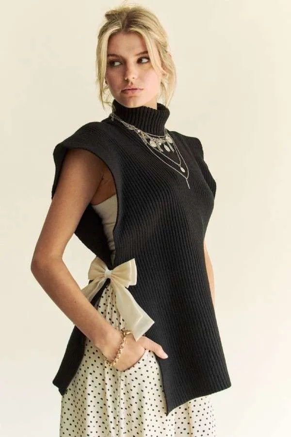 Black Turtleneck Sleeveless Knit Top