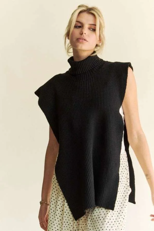 Black Turtleneck Sleeveless Knit Top