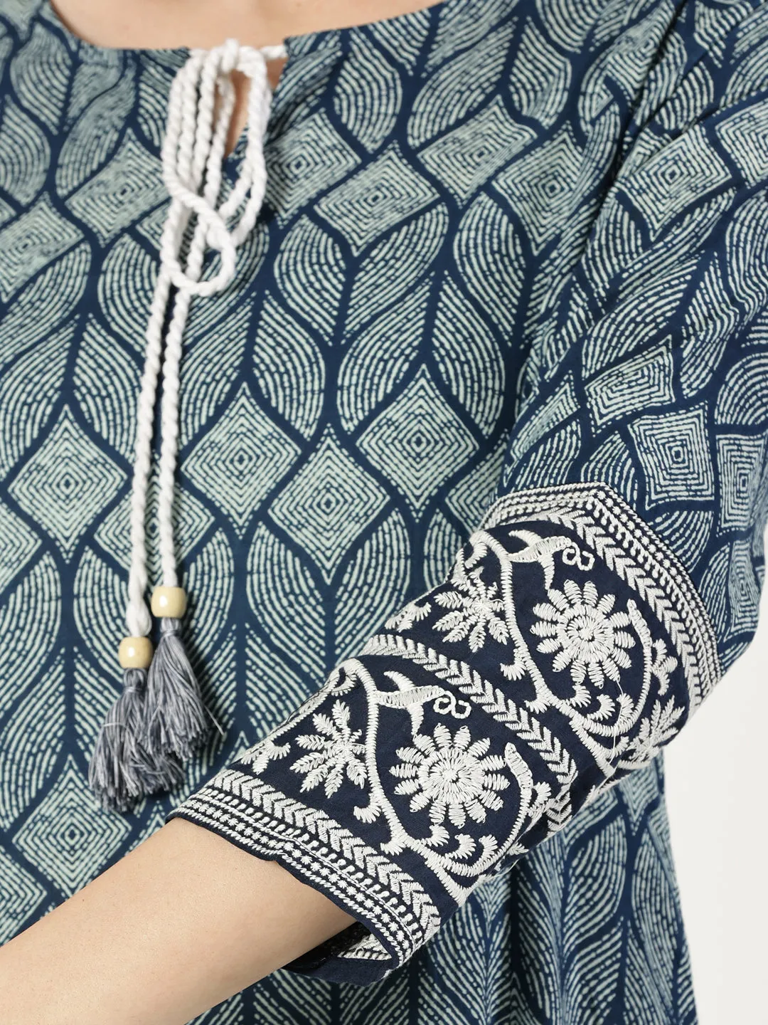 Blue Cotton Embroidered Dress with Neck Tie-up