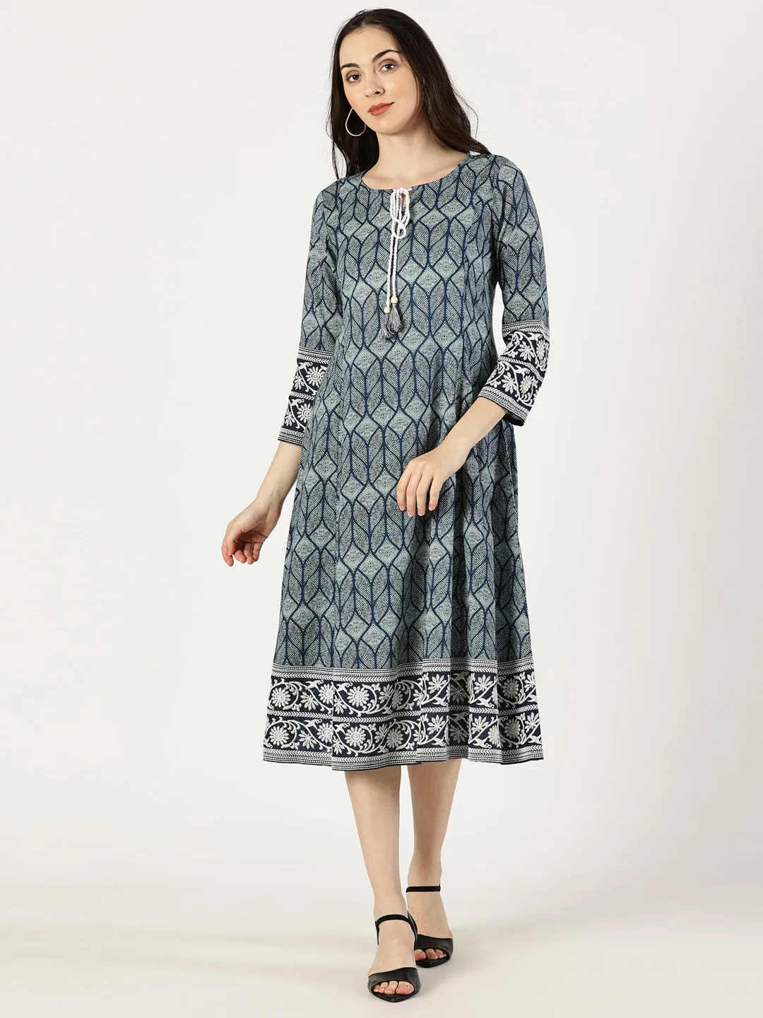 Blue Cotton Embroidered Dress with Neck Tie-up