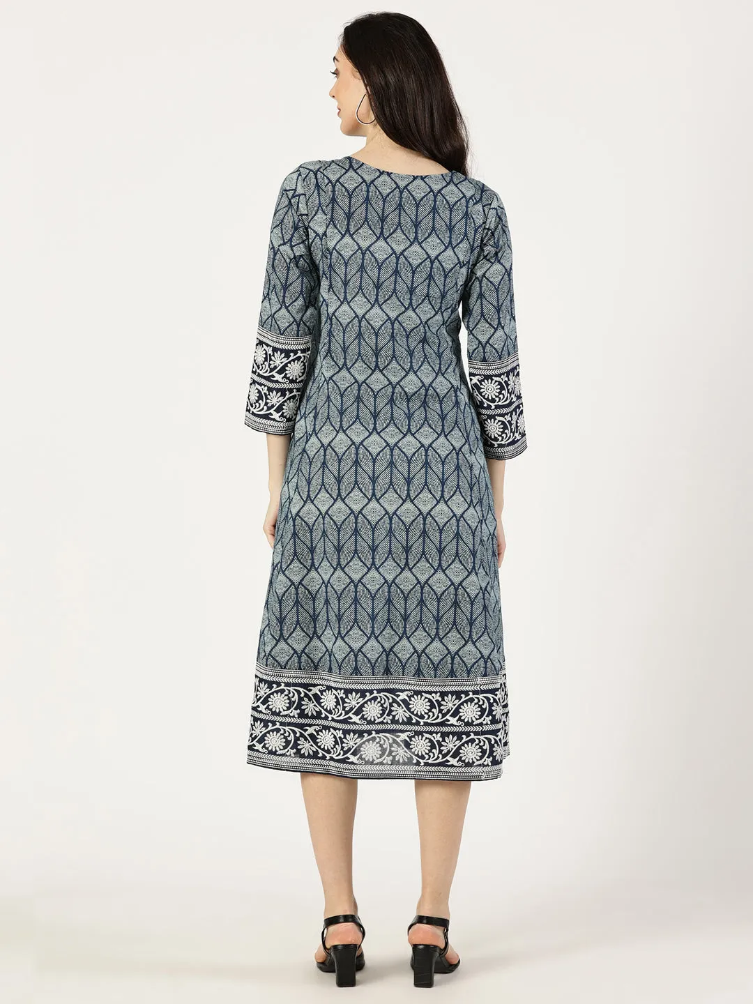 Blue Cotton Embroidered Dress with Neck Tie-up