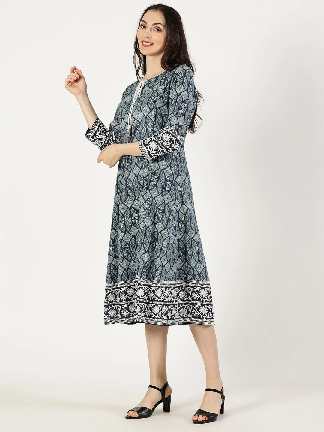 Blue Cotton Embroidered Dress with Neck Tie-up