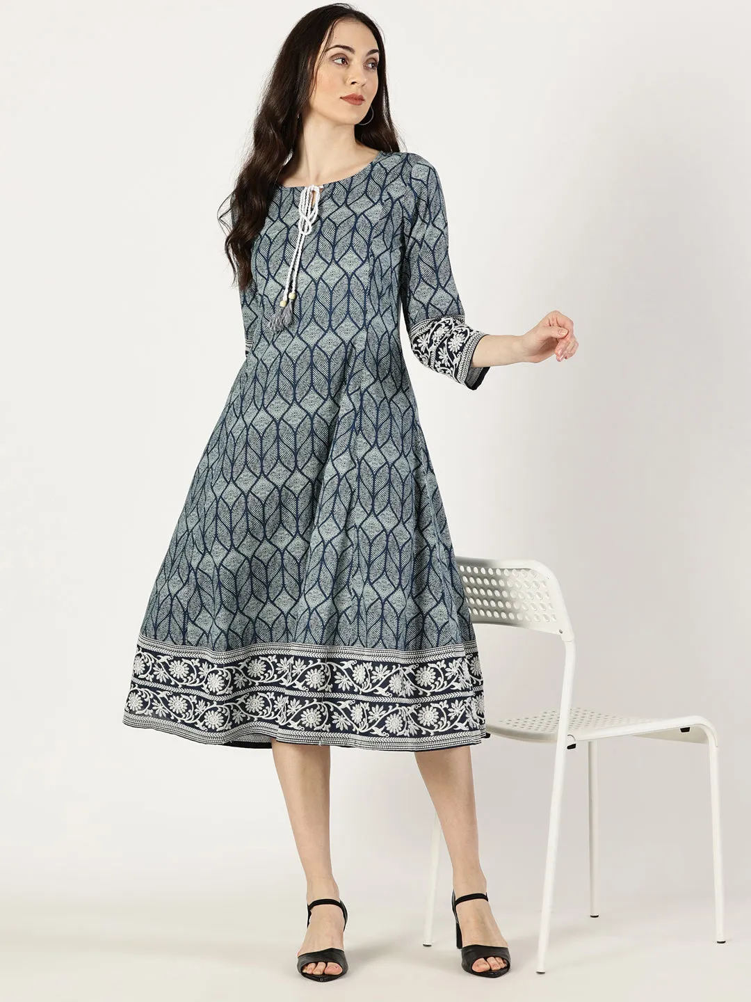 Blue Cotton Embroidered Dress with Neck Tie-up