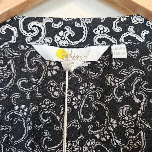 Boden Wrap Detail Mini Dress Long Sleeve Black Swirl Sprig Womens 14 Office Work