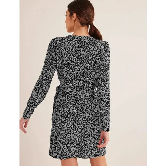 Boden Wrap Detail Mini Dress Long Sleeve Black Swirl Sprig Womens 14 Office Work