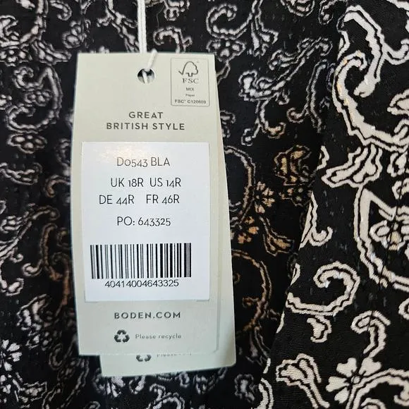 Boden Wrap Detail Mini Dress Long Sleeve Black Swirl Sprig Womens 14 Office Work