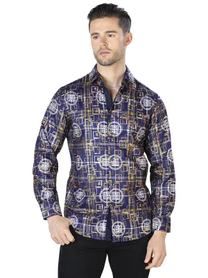 Camisa Casual Manga Larga Estampada Marino/Oro para Hombre 'El Señor de los Cielos' - ID: 44014