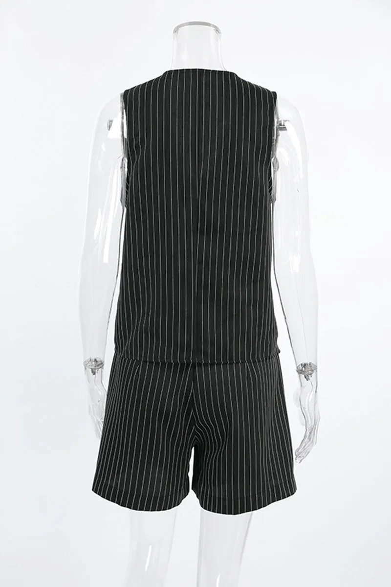 Casual Stripe Pocket Buttons V Neck Sleeveless Two Pieces