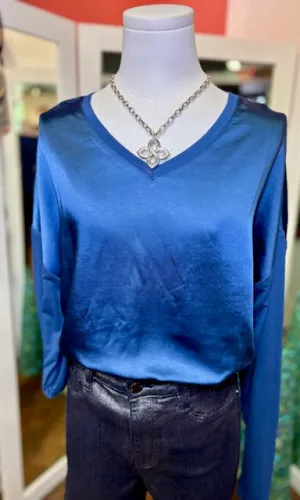 Charlie B Satin and Jersey V-Neck Knit Top - Denim