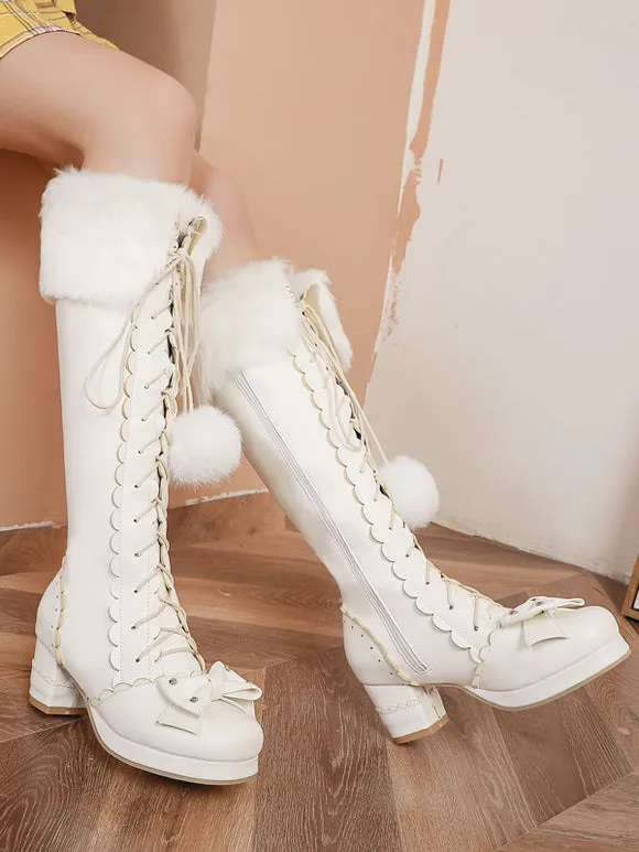 Classic Lolita Boots Knee High Chunky Heel Platform Square Toe Lace Up Pink Lolita Winter Boots