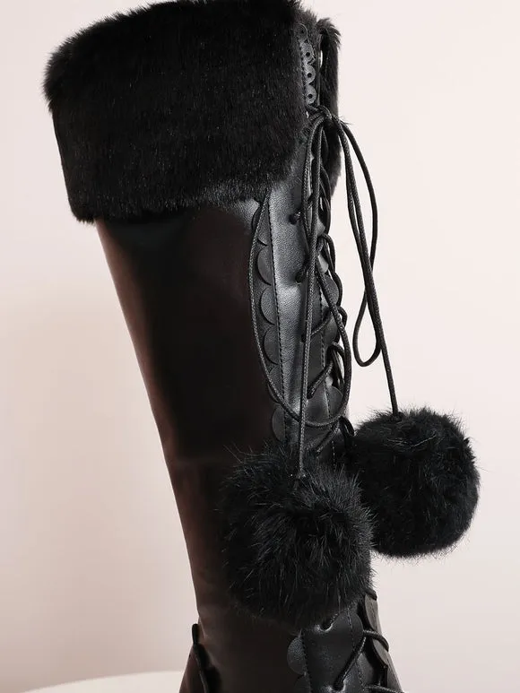 Classic Lolita Boots Knee High Chunky Heel Platform Square Toe Lace Up Pink Lolita Winter Boots