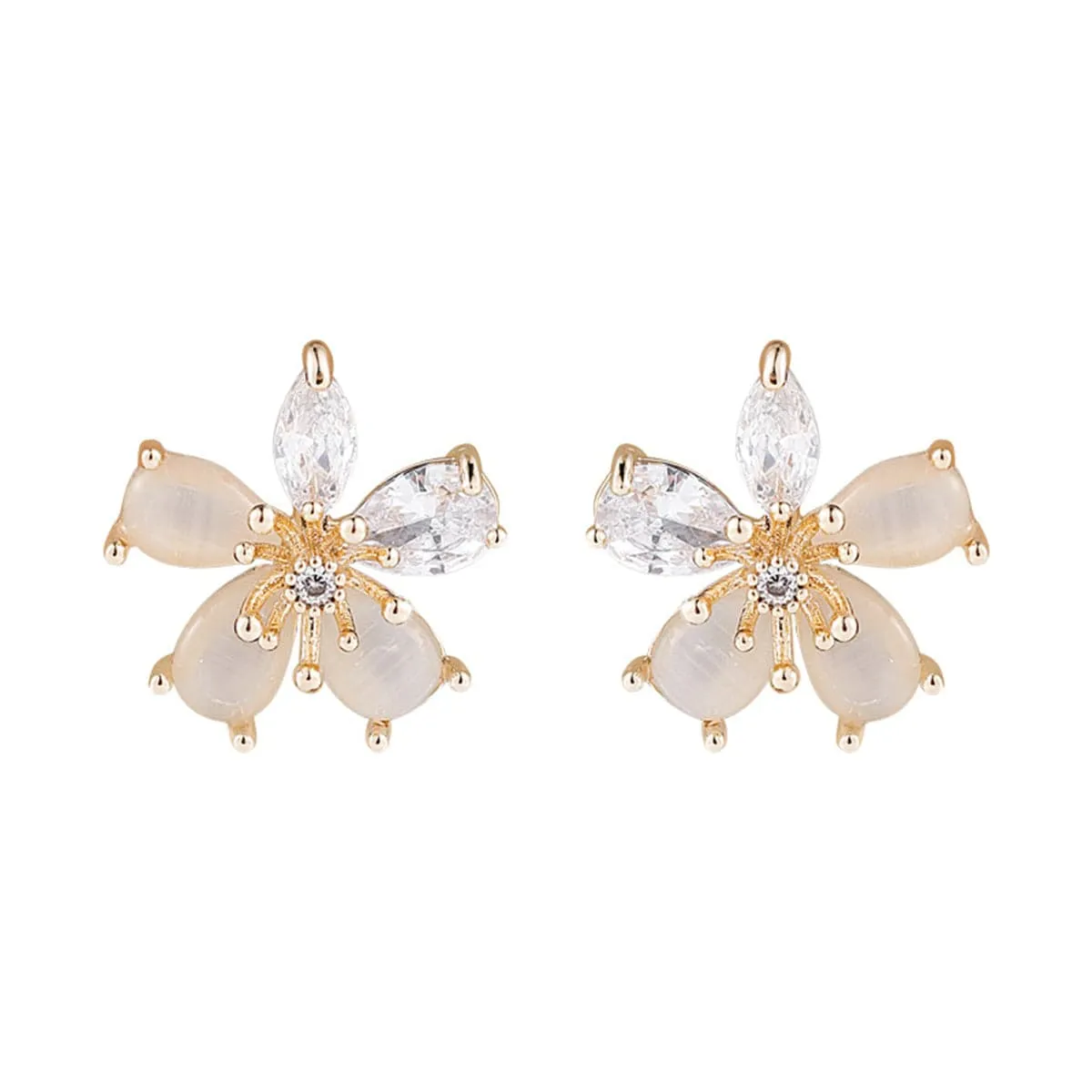 Crystal & Cats Eye Flower Stud Earrings