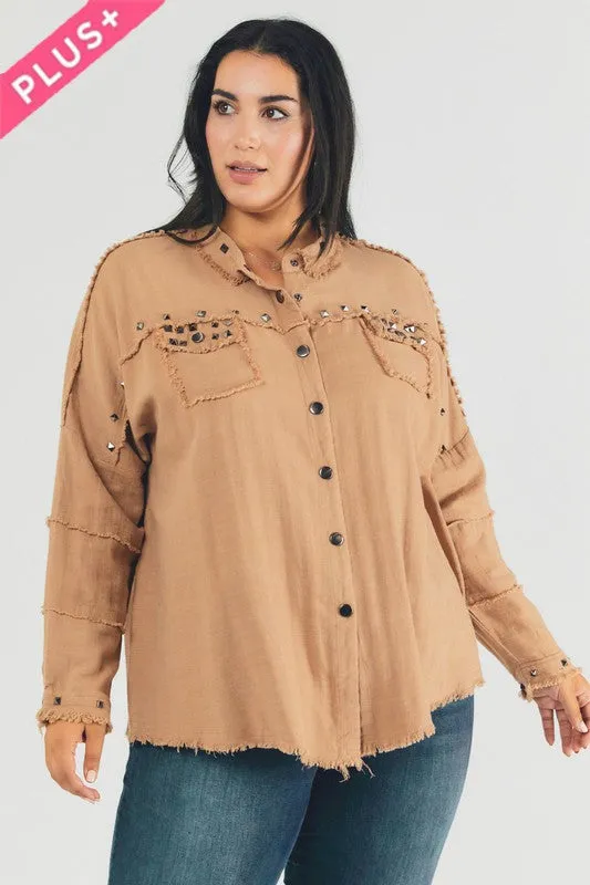 Davi & Dani Plus Distressed hem button down oversize shirt