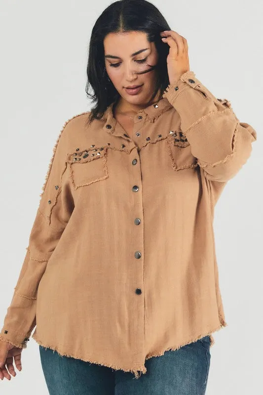 Davi & Dani Plus Distressed hem button down oversize shirt
