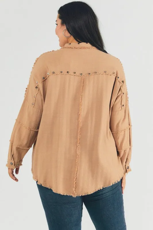 Davi & Dani Plus Distressed hem button down oversize shirt