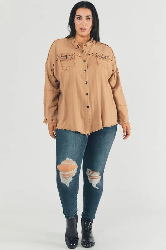 Davi & Dani Plus Distressed hem button down oversize shirt