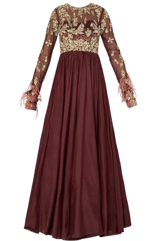 Deep Maroon Beaded & Feathered Anarkali Gown