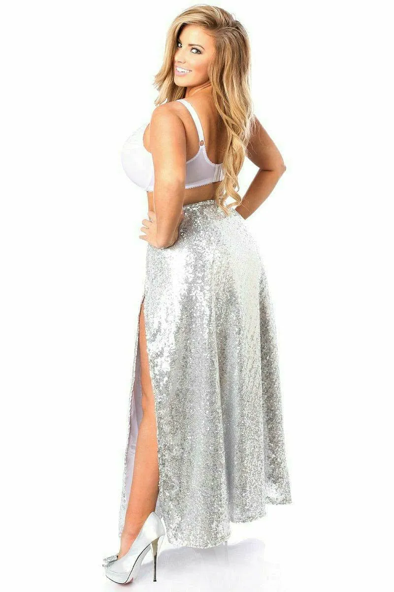 Deluxe Long Silver Sequin Skirt