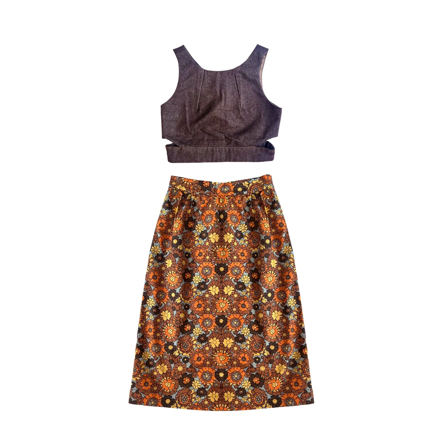 Denim Crop Top with Cut Outs in Brown