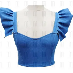Denim Top with Adjustable Shoulder Strap Sleeves &amp; Bronze Zipper