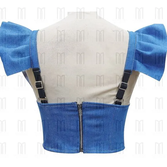 Denim Top with Adjustable Shoulder Strap Sleeves &amp; Bronze Zipper