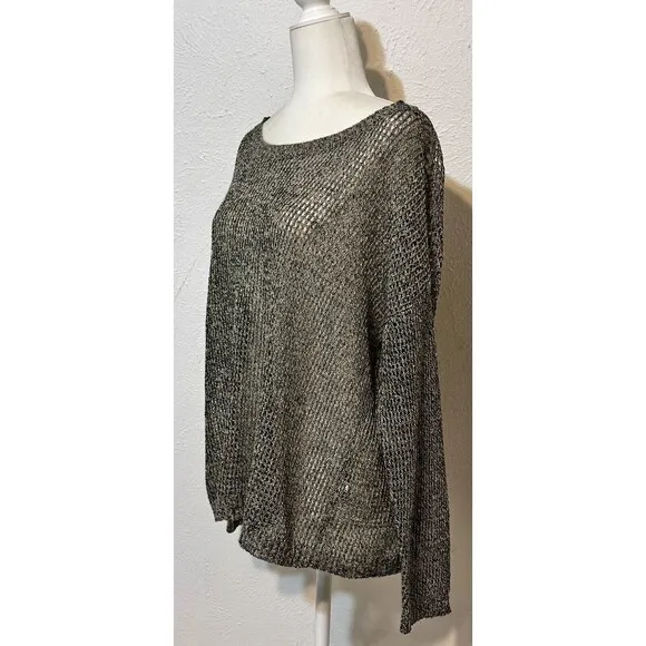Eileen Fisher Women’s Size XL Wool Linen Blend Open Knit Black White Sweater
