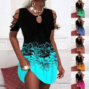 European and American Women's Fashion Print Short-sleeved Off-the-shoulder Round Neck Casual Dress