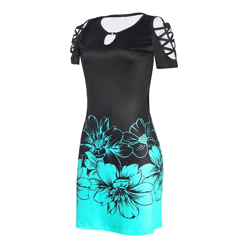 European and American Women's Fashion Print Short-sleeved Off-the-shoulder Round Neck Casual Dress