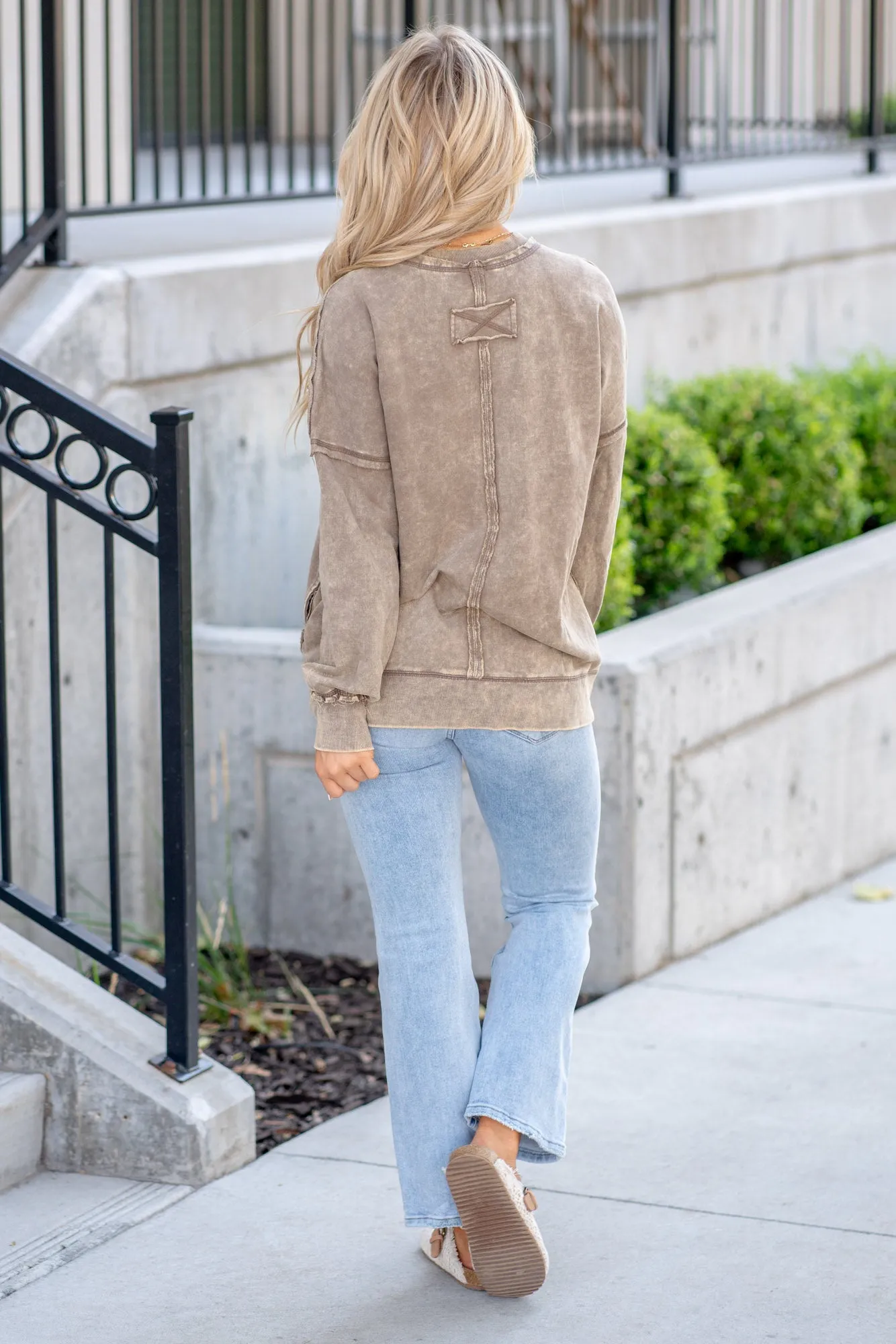 Exposed Seam Round Neck Dropped Shoulder Sweatshirt