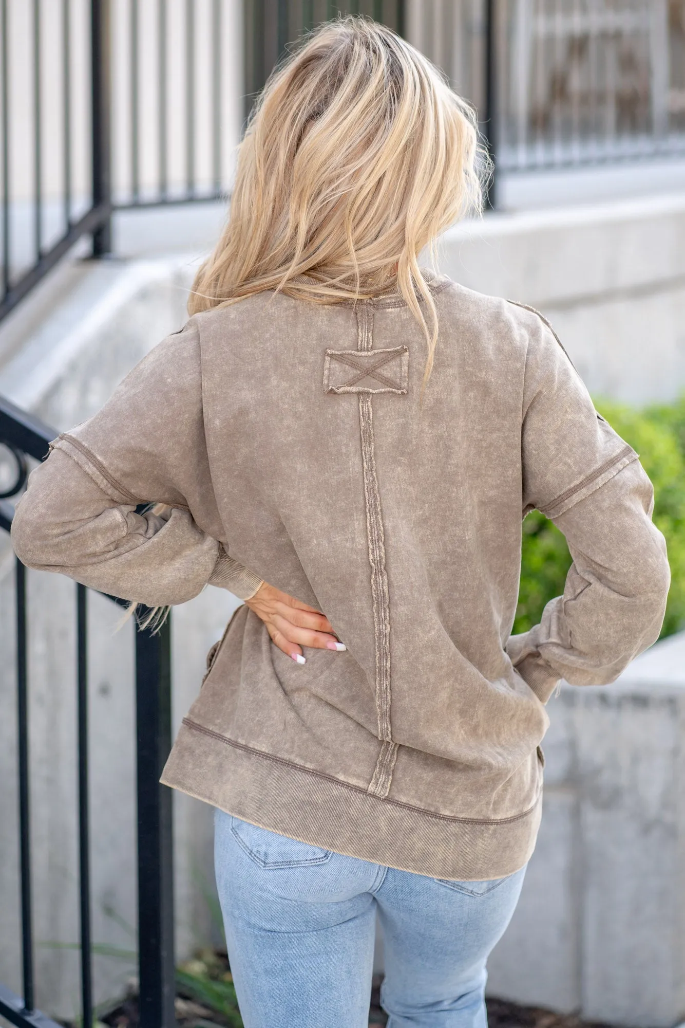 Exposed Seam Round Neck Dropped Shoulder Sweatshirt
