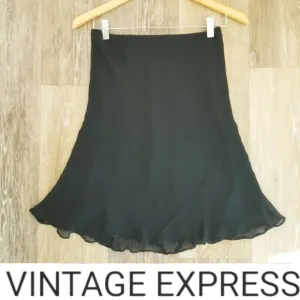 Express Vintage Black Silk Pull-on Midi Lined Skirt Fairy Whimsical Goth Ruffle