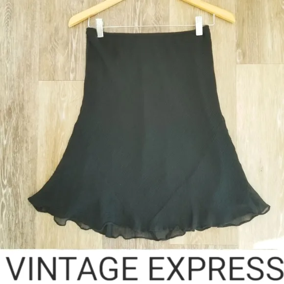 Express Vintage Black Silk Pull-on Midi Lined Skirt Fairy Whimsical Goth Ruffle