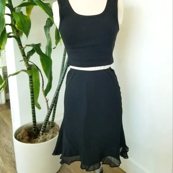 Express Vintage Black Silk Pull-on Midi Lined Skirt Fairy Whimsical Goth Ruffle