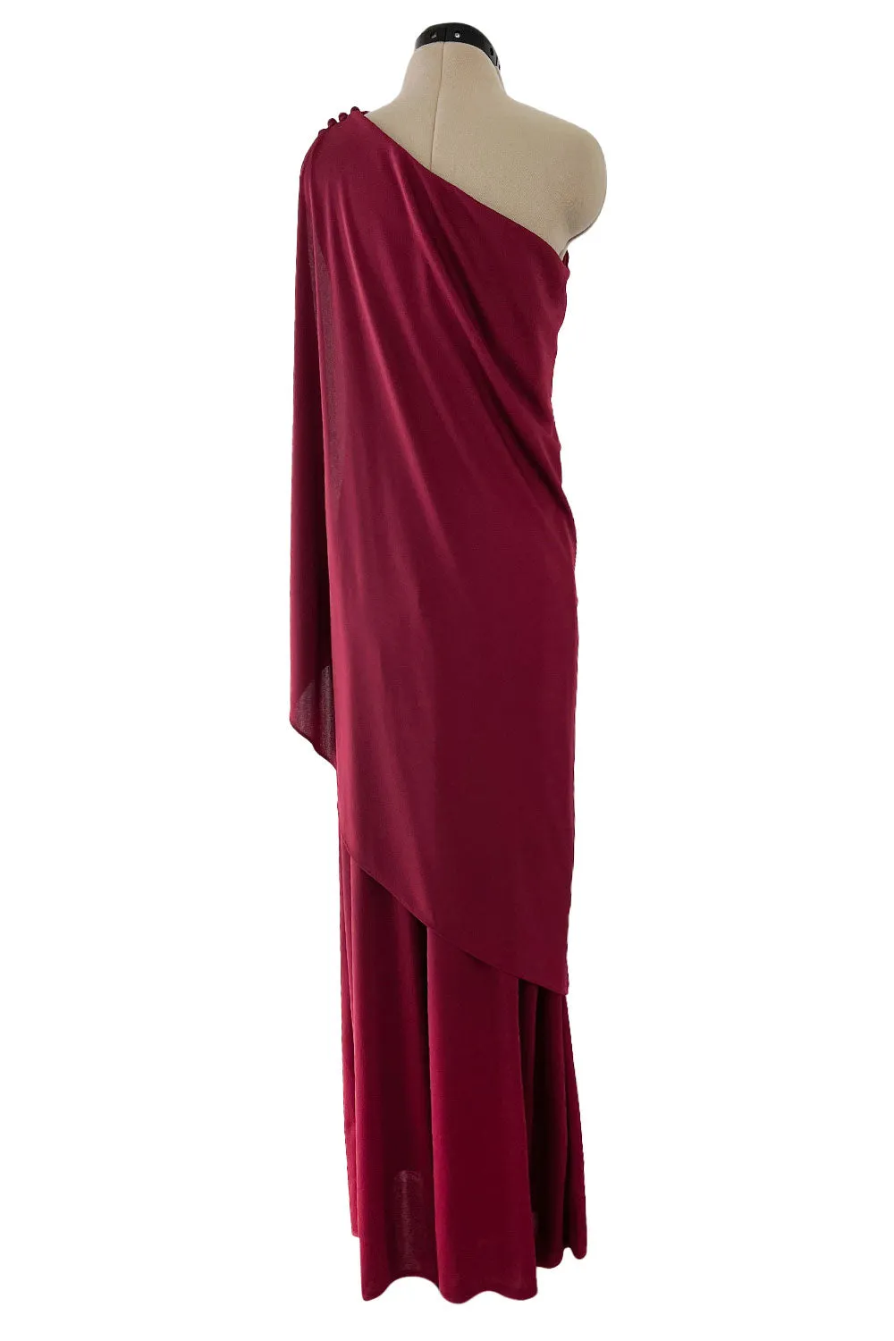 Fabulous 1970s Unlabeled Burgundy Jersey One Shoulder Wide Leg Jumpsuit