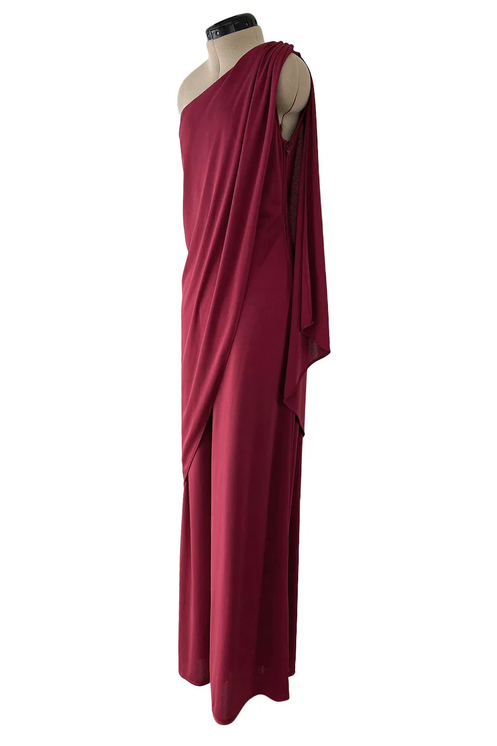 Fabulous 1970s Unlabeled Burgundy Jersey One Shoulder Wide Leg Jumpsuit