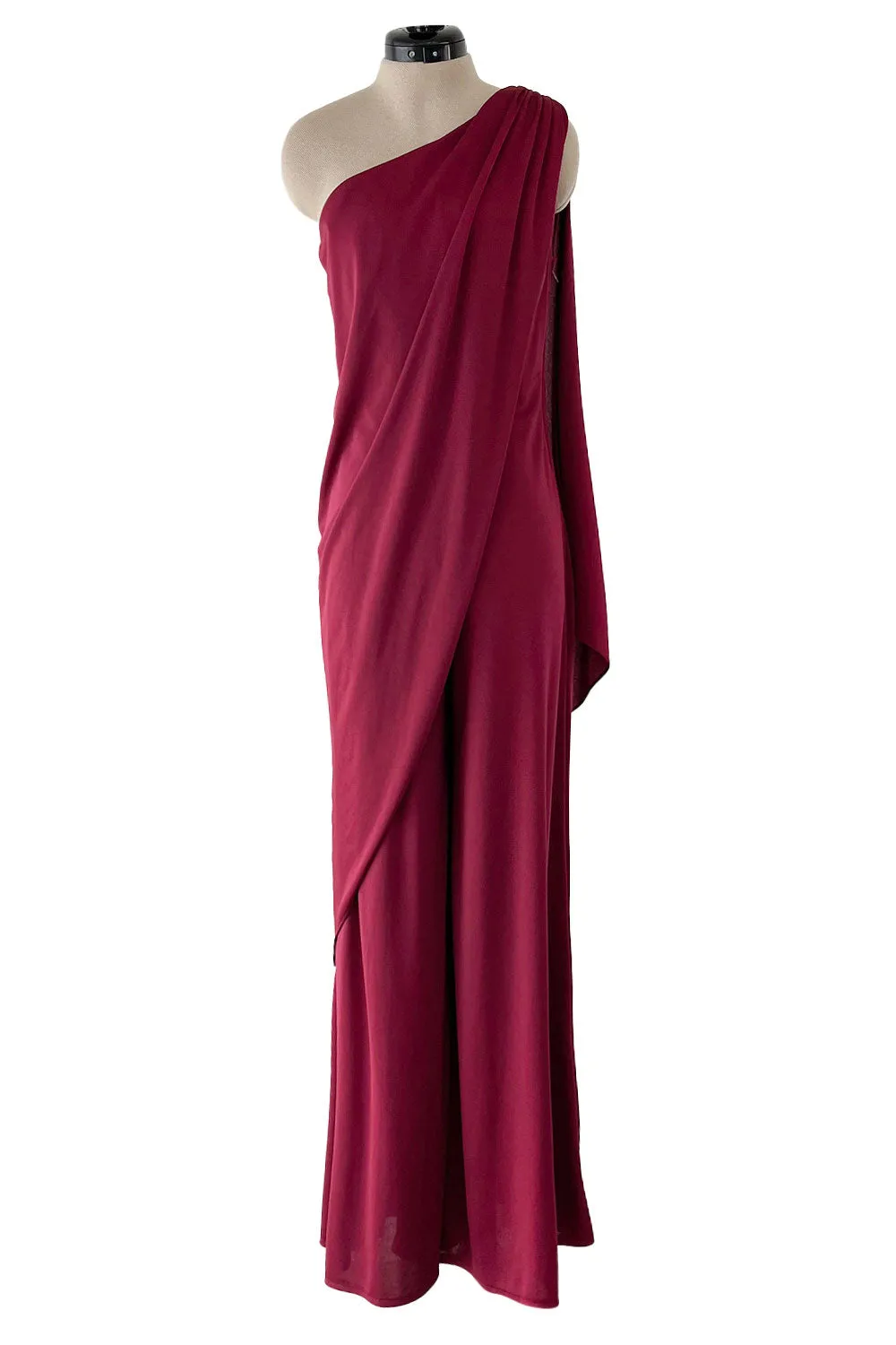 Fabulous 1970s Unlabeled Burgundy Jersey One Shoulder Wide Leg Jumpsuit